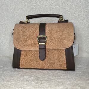 Mexican Floral Embossed Pinkish Tan Genuine Leather Top-Handle Bag